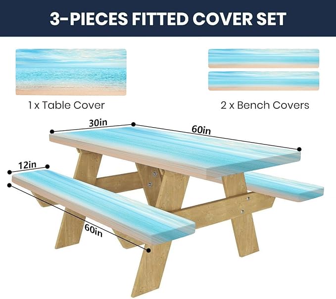 CAPSCEOLL Elastic Picnic Table Cover with Bench Covers 5Ft Waterproof Fitted Picnic Table Cover Cloths for Outdoors Camping Tablecloth with Drawstring Bag, 60X30in, Summer Beach