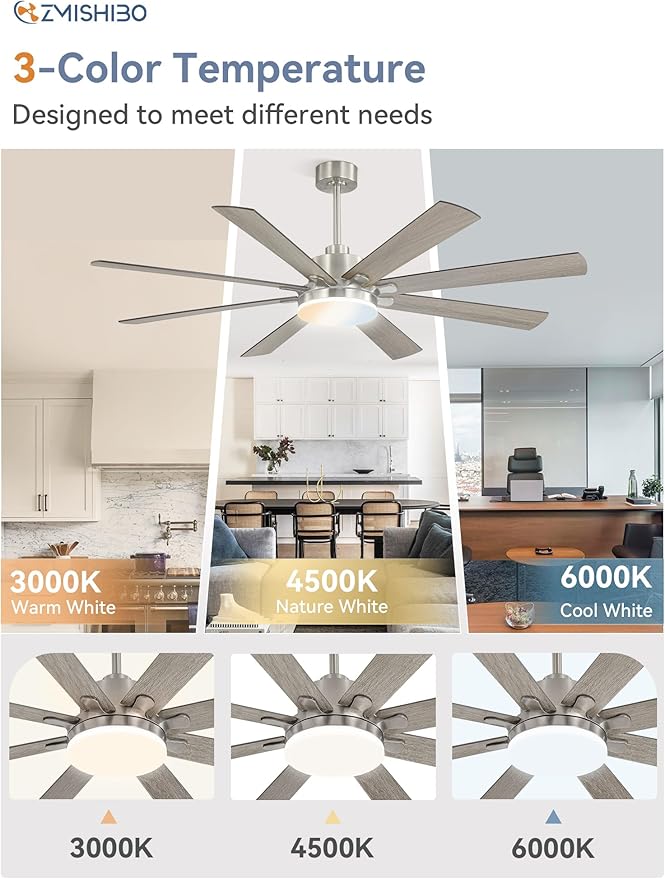 65 Inch Ceiling Fan with Light, Brushed Nickel Ceiling Fan with Large LED Panel, Quiet Reversible DC Motor, 6-Speeds, 3CCT, Indoor/Outdoor Ceiling Fans with Lights for Patio, Livingroom, Bedroom