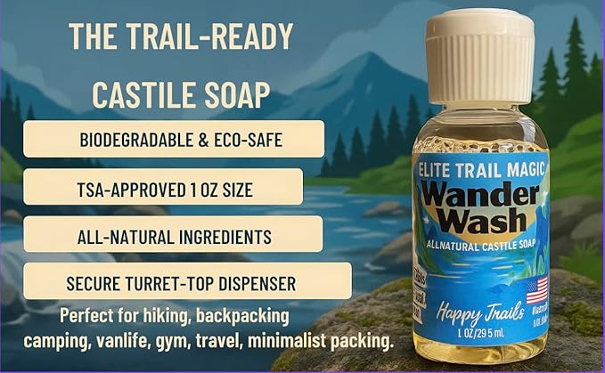 Elite Trail Magic- Wander Wash Biodegradable Castile Soap – Ultralight 1 oz Concentrated Liquid Soap for Camping, Travel & Backpacking – All Purpose, Unscented, Made in USA