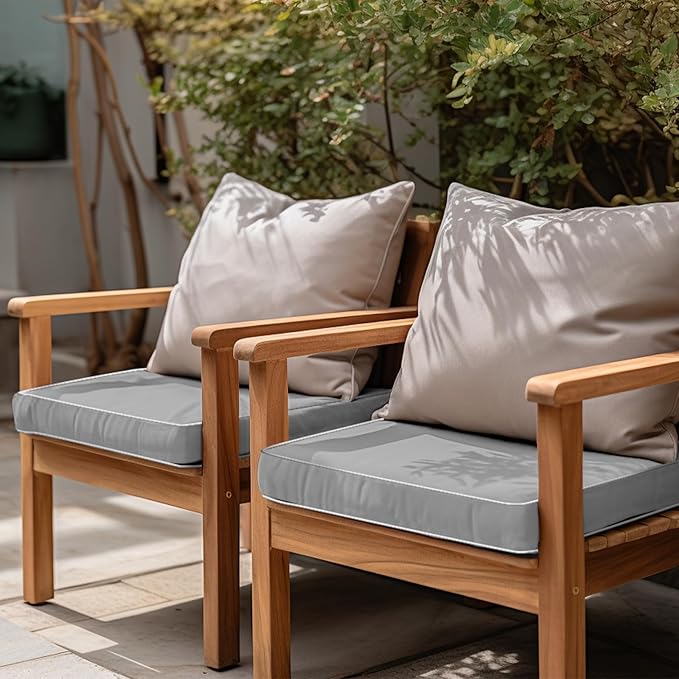 PNP FKJP 2 Pack Outdoor Chair Cushion 20" X 20" X 4", Waterproof Outdoor Seat Cushions with Non-Skid Ties,Grey (Cushion + Cover)