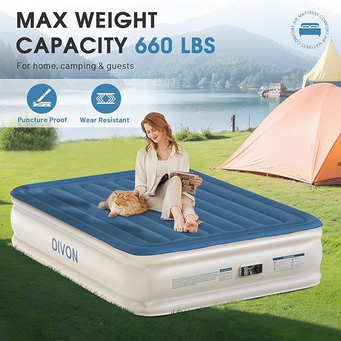 DIVON Air Mattress Queen with Built in Pump,18'' Raised Self Inflatable Mattress,Foldable Blow Up Mattress in 3 Mins,Portable Air Bed for Camping,Travel&Floor,Queen Size Air Matress for Adults,660lbs