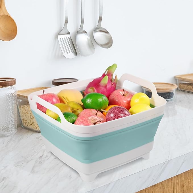 Dishpan for Washing Dishes, 2.4Gal/9L Wash Basin with Draining Plug Carry Handles, Collapsible Bucket for Cleaning, Portable Sink, Foldable Plastic Tub