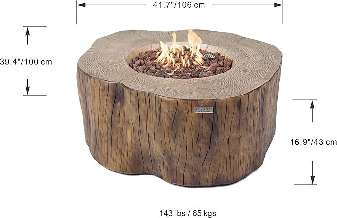 Elementi | Manchester Gas Fire Pit Cast Concrete Semi-Round Fire Table, Outdoor Fire Pit Electronic Ignition | Canvas Cover, Lava Rock Included | Red Wood (Propane Gas)