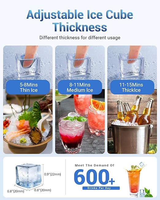 Commercial Ice Maker Machine, 120lbs/24H Under Counter Ice Maker, 22~33Lbs Stainless Steel Storage Capacity, 12 Adjustable Thickness Settings, Self-Cleaning, Ideal for Home, Cafe, Bar, Clinic (120LBS)