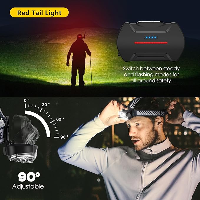 Rechargeable Headlamp, High Lumen 5 LED Head Lamp with Red White Light,IPX4 Waterproof Headlight,8 Mode Head Flashlight for Outdoor Running Hunting Fishing Hiking Camping Gear-2Pack