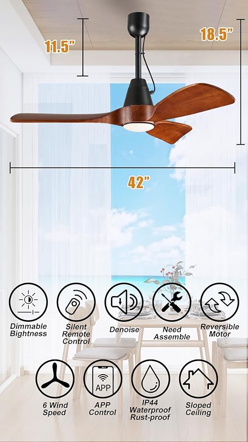 3 Blades Wood Outdoor Ceiling Fan with Light for Patios, Farmhouse Rustic Ceiling Fans with Lights, 42" Plug-in Wet Rated Outdoor Gazebo Fan for Exterior House Porch Patio, Waterproof,F248