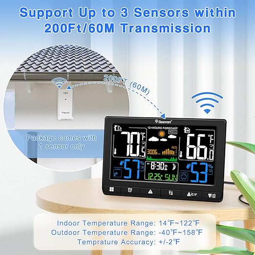 Geevon Weather Stations Wireless Indoor Outdoor with Atomic Clock, Color VA Display Digital Temperature Humidity Monitor with Barometer, Comfort Indicator, and Adjustable Backlight