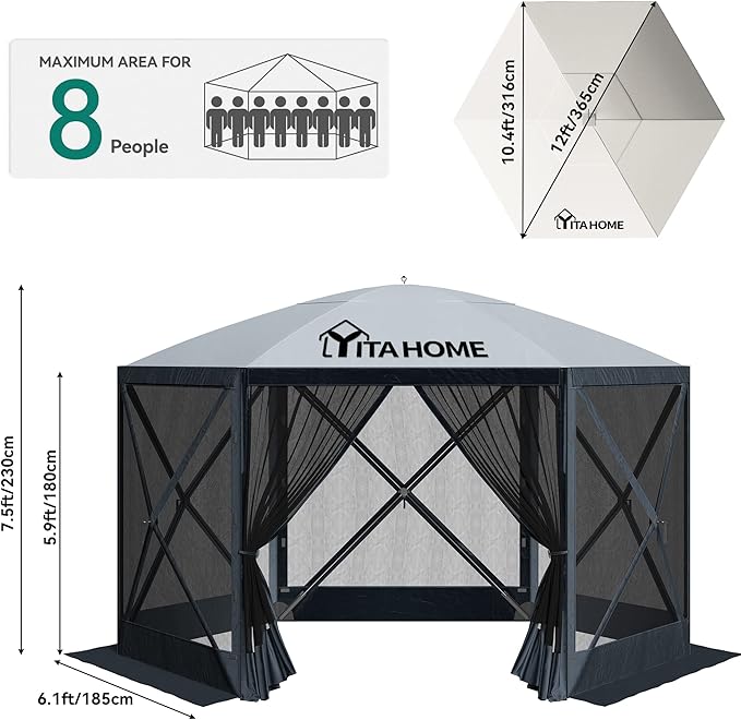 YITAHOME 12x12ft Camping Gazebo, Portable Pop Up Canopy Outdoor Screen Tent 6 Sided with Mesh Windows and Carry Bag for Camping, Picnic, Backyard Party Outside Activities, Gray