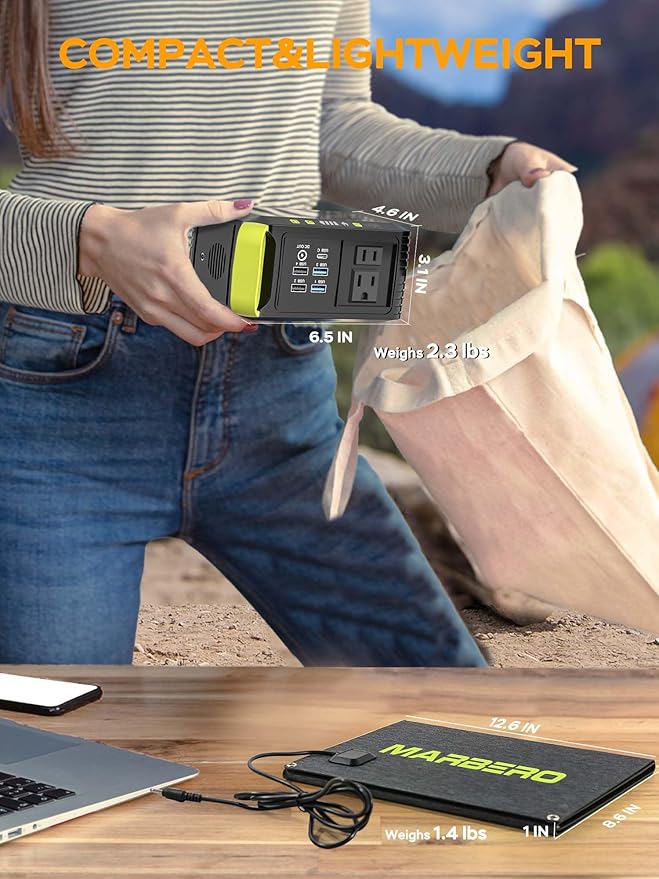 MARBERO Camping Solar Generator 88Wh Portable Power Station 120W Peak Generator with Solar Panel Included 21W, AC, DC, USB QC3.0, LED Flashlight for Outdoor Home Camping Fishing Emergency Backup