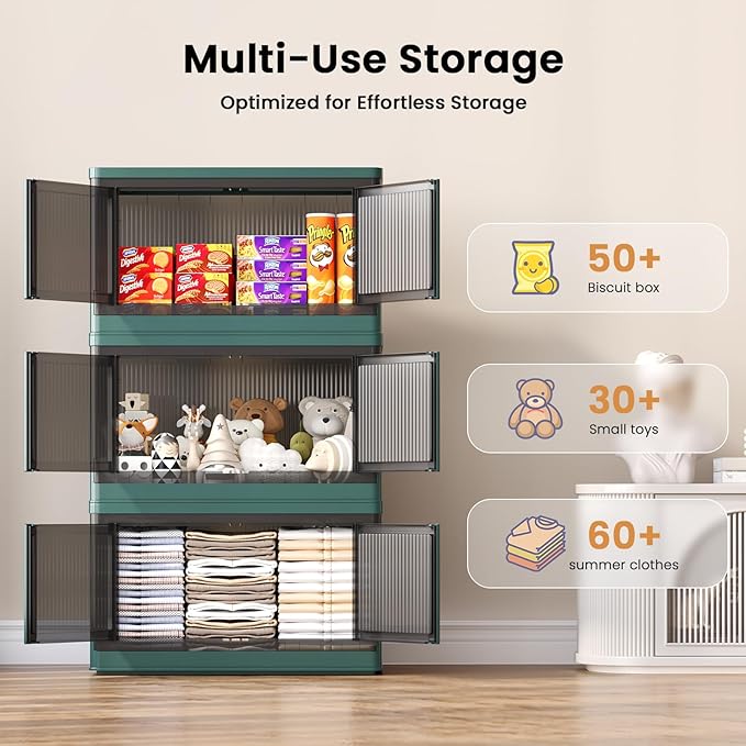 19Gal Collapsible Storage Bins with Lids & Wheels - 4 Pack Stackable with Doors, Heavy-Duty Plastic Containers for Home/Office, Green