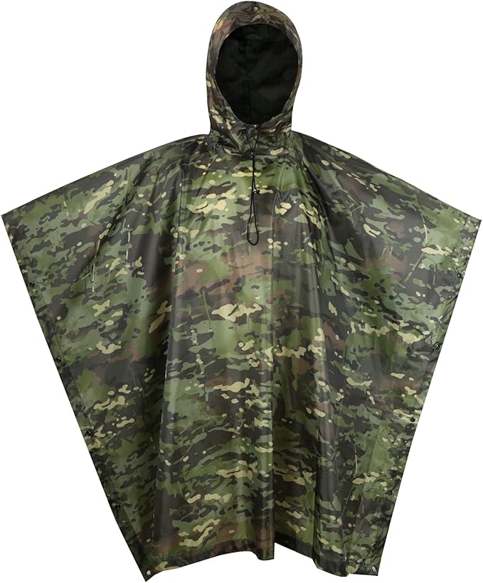 GRVCN Military Rain Poncho, Camouflage Raincoat Outdoor Waterproof Lightweight