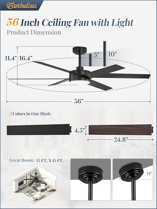 56 Inch Ceiling Fans with Lights and Remote, Reversible 6 Blades, Dimmable, 3000K-6000K Adjustable, Outdoor Ceiling Fans for Patios, Large Ceiling Fan for Indoor or Covered Outdoor-Black