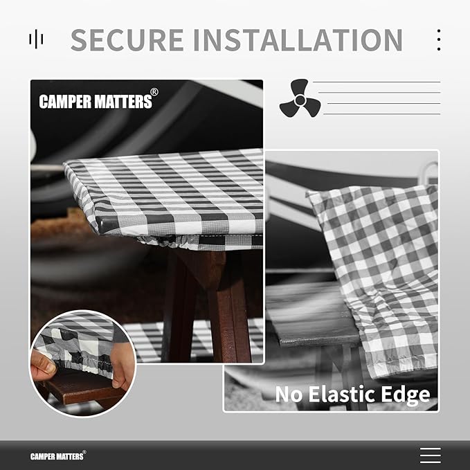 Picnic Table Cover and Bench Covers, Fitted Tablecloth Cover with Elastic Edge, Water and Oil Proof, for Outdoor, Garden, Camping, 96x30 Inch, 3 Pieces Set, Black & White