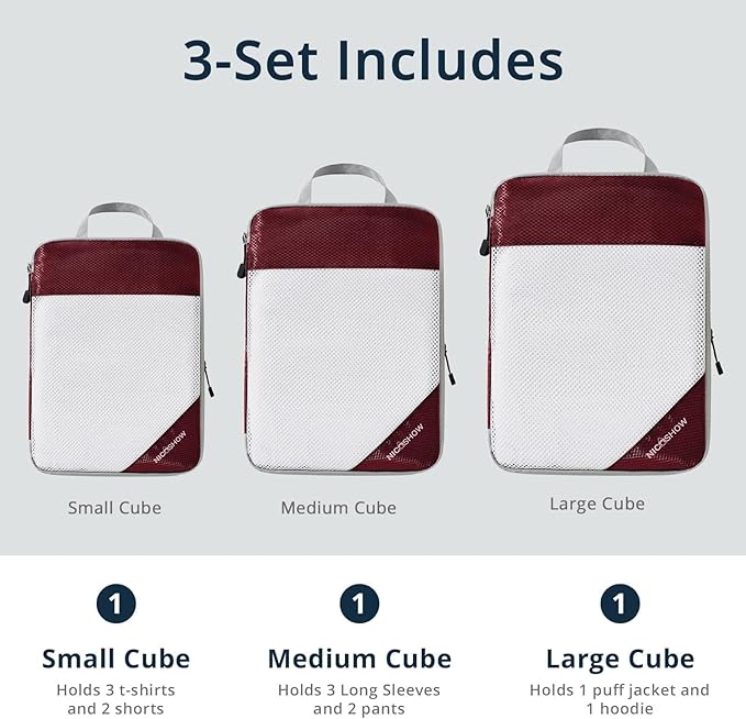 3 Set Compression Packing Cubes for Travel - Compressible, Lightweight, and Space-Saving Packing Cubes, Travel Essentials for Women, Wine