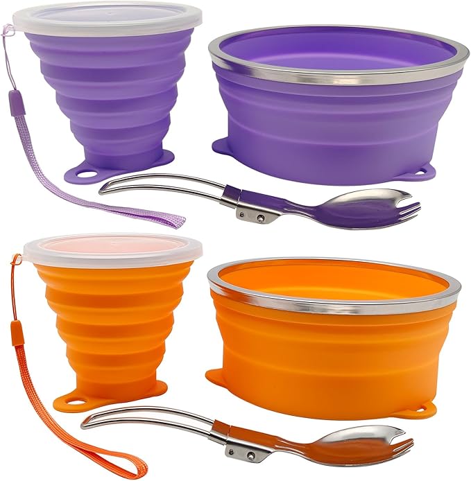 Mess Kit for Camping Silicone Collapsible Bowl Collapsible Cup and Stainless Steel Spoon for Backpacking Outdoor Hiking Traveling and Picnic - 2 Pack