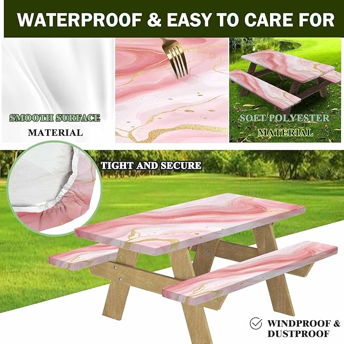 CAPSCEOLL Fitted Picnic Table Cover with Bench Covers with Elastic 6Ft Waterproof Camping Picnic Table Cover Cloths for Outdoors Camping Tablecloth with Drawstring Bag, 72X30in, Pink Marble