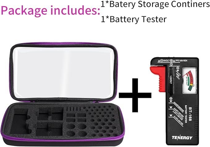 Battery Organizer Storage Case with Tester,Clear Batteries Storage Organizers Holds, Just The Right Size Slot with stable handle,Holds 57 Batteries Various Sizes（Batteries are Not Included）(Purple)