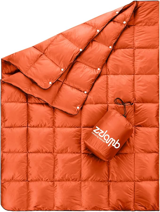 zzlamb Puffy Down Camping Blanket Water-Repellent, Down Throw Travel Blanket Portable for Outdoor, Light Warm Quilt for Couch Plane Car Theater Stadium Picnic RV Backpacking Hammock