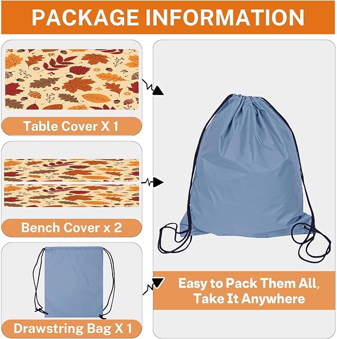 Picnic Table Cover with Bench Covers Elastic Edges, Autumn Fall Fitted Table Cover, Outdoor Patio Camping Essentials 72 Inch 3PCS, Waterproof Camping Fitted Tablecloth with Drawstring Bag