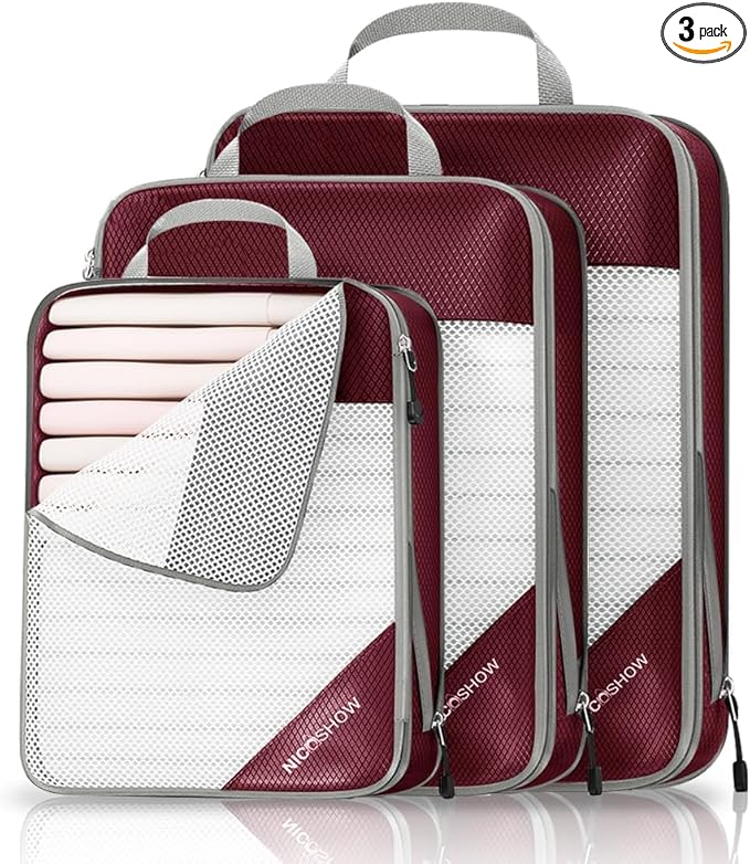 3 Set Compression Packing Cubes for Travel - Compressible, Lightweight, and Space-Saving Packing Cubes, Travel Essentials for Women, Wine