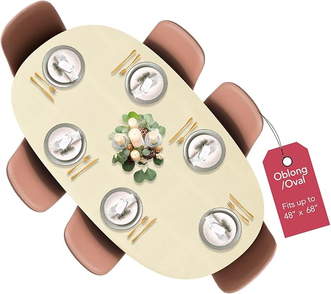 LAMINET Elastic Fitted Table Cover - Basketweave (Beige) - Oblong/Oval - Fits Tables up to 48 x 68”