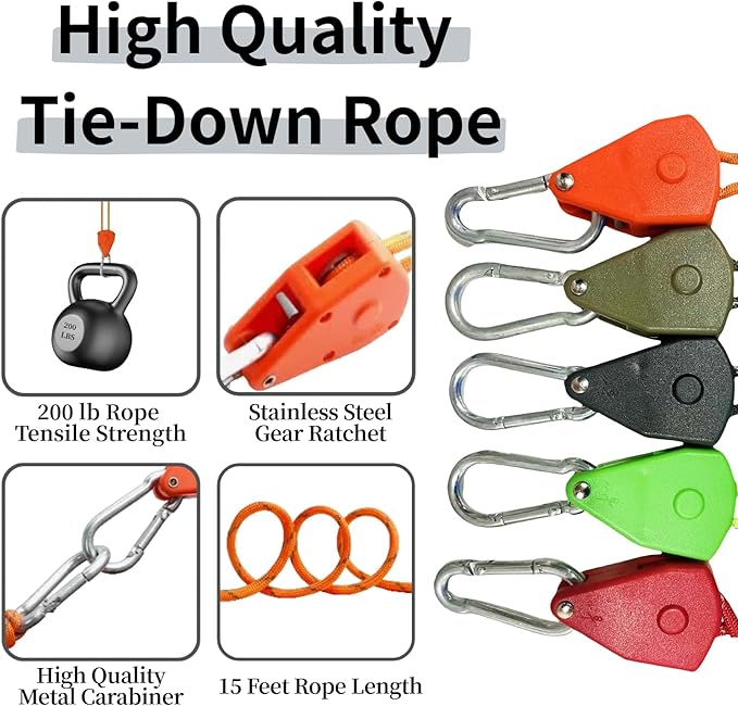 15ft Ratchet Straps Ropes Tie Down Rope Strap Small Mini Reflctive Outdoor Windproof Rope Roller Adjustable Camping Tent Hanger Grow Light Kayak Paracord 4 Pack 5/32"