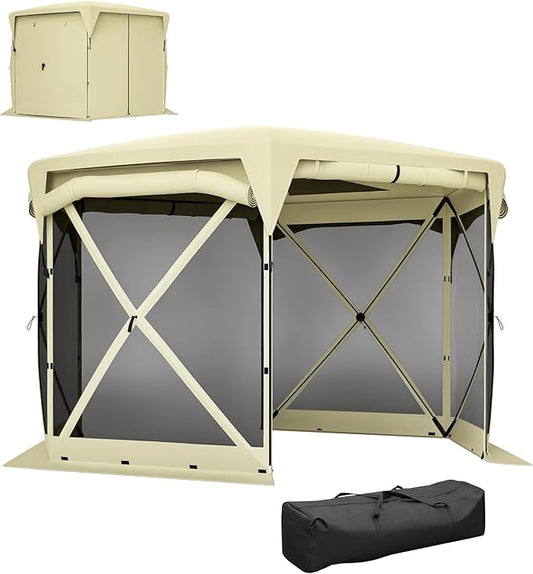 Outsunny Pop Up Gazebo Screen Tent House, 11 x 11ft with UPF30+ Removable Roof Cover, 4 Roll-up Wind Panels and Carry Bag for Camping, Patio, Backyard, Lawn, Beige