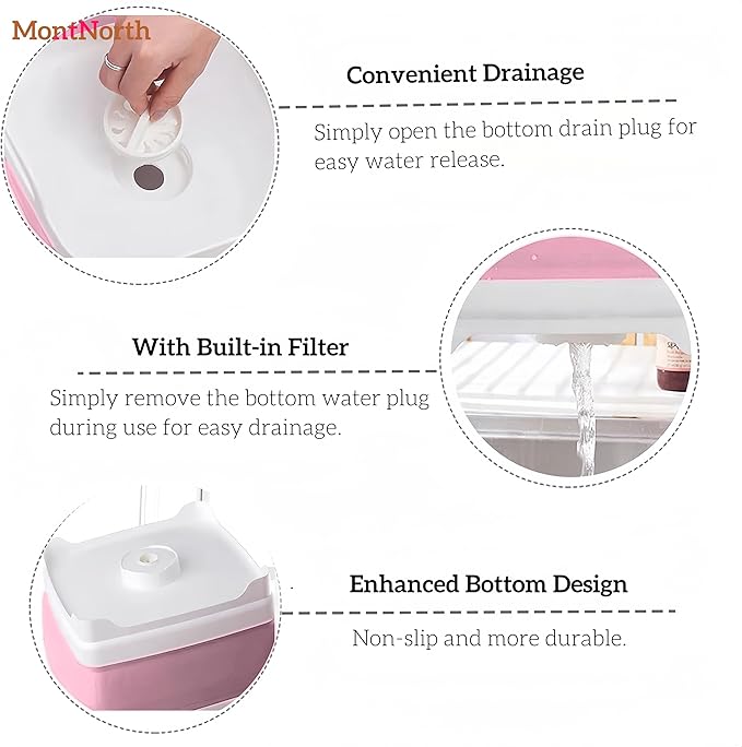 Collapsible Wash Basin 9L, Foldable Dish Tub with Drain Plug, Portable Collapsible Dish Basin, Camping Sink for Washing Dishes, Laundry & Kitchen Use (Pink)