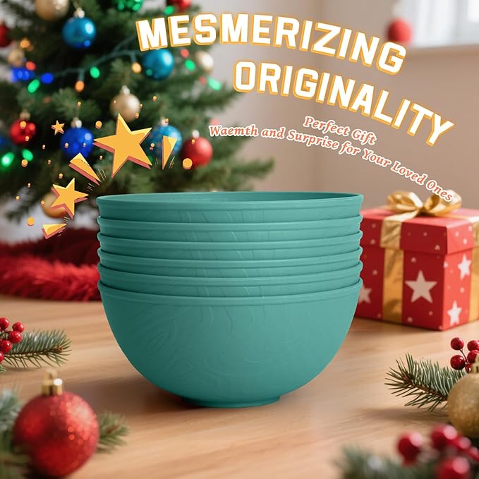 Homienly Wheat Starw Bowls, Bowl Set, Large Cereal Bowls, Serving Bowl Set of 6, Microwave and Dishwasher Safe, 40 OZ, Large Bowl for Salad, Soup, Ramen, Fruit,Dinner, Reusable, Stackable - Green