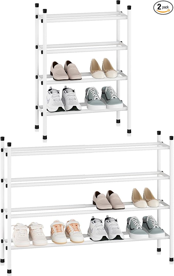 STORAGE MANIAC Expandable Shoe Rack, 16 Pairs Stackable Small Shoe Rack, Metal Adjustable Shoes Organizer for Closet, Entryway, Hallway, Garage, Front Door, Shoes Shelves, White 4 Tier