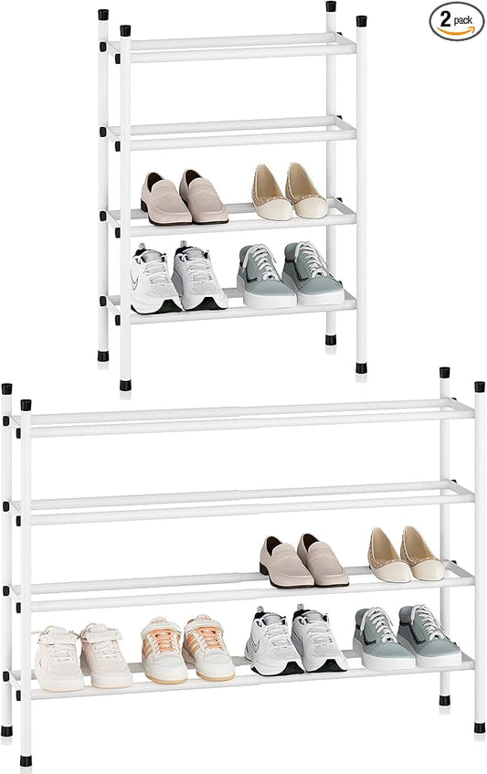 STORAGE MANIAC Expandable Shoe Rack, 16 Pairs Stackable Small Shoe Rack, Metal Adjustable Shoes Organizer for Closet, Entryway, Hallway, Garage, Front Door, Shoes Shelves, White 4 Tier