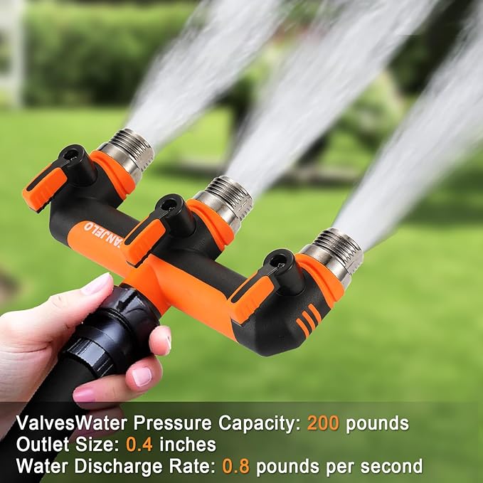 3 Way Hose Splitter, Heavy Duty Garden Water Hose Bib Spigot Splitter, Faucet Splitter with Shutoff Valve, Garden Hoses Connector for T Adapter, 3/4 - Inch GHT Thread (Orange)