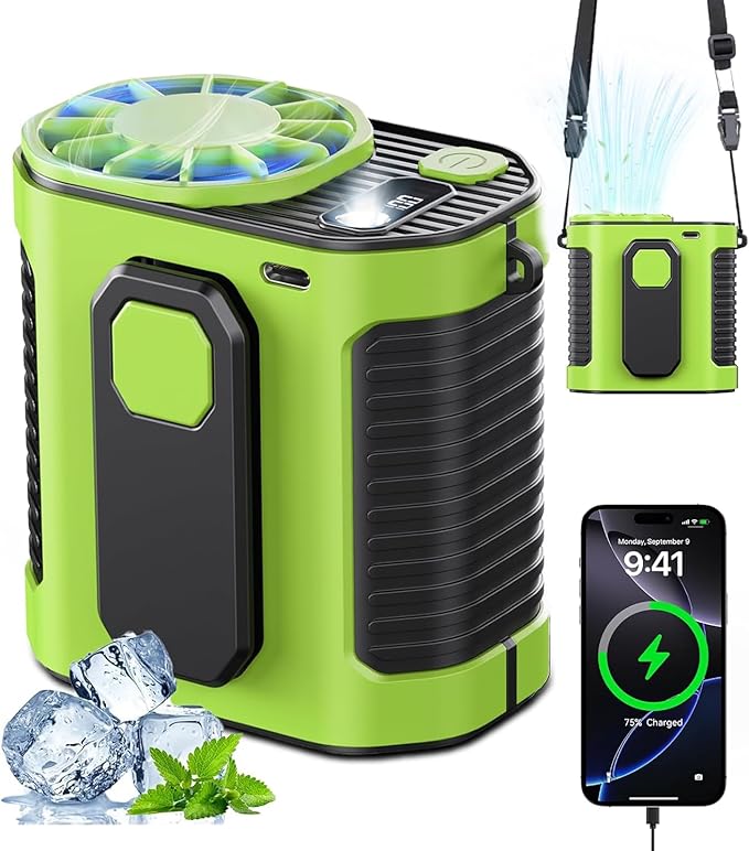Portable Waist Fan, 10-Speed Rechargeable Body Fan with LED Light,Hands Free Wearable Belt Clip Waist Fans, 10000mAh Battery Cooling Fans, Dual Clips/Power Bank, 15000RPM for Camping, Outdoor, Jobsite