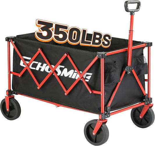 EchoSmile Heavy Duty 350 Lbs Capacity Collapsible Wagon, Outdoor Folding Camping Wagons, Grocery Portable Utility Cart, Adjustable Rolling Carts, All Terrain Sports Wagon with Big Wheels (Black-Red)