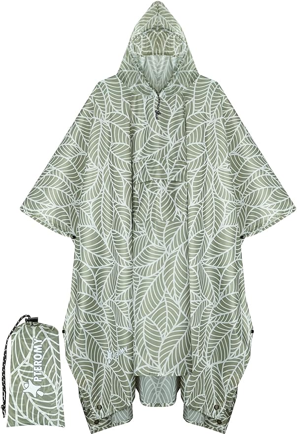 PTEROMY Hooded Rain Poncho for Adult with Pocket, Waterproof Lightweight Unisex Raincoat for Hiking Camping Emergency