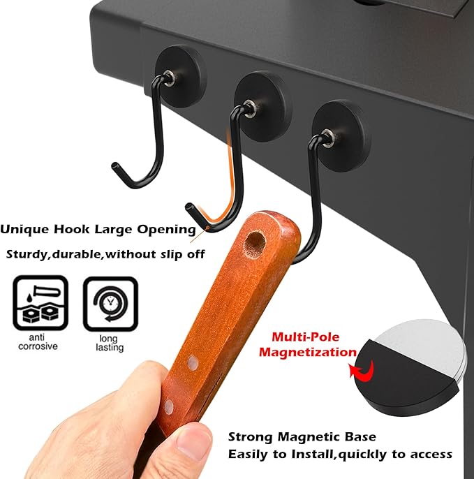 3 Pack Smoker Grill Magnetic Hook,Non-Slip Magnetic Mount Barbecue Hooks for Hanging,Universal Magnetic Hooks for Grills Smoker Accessories Storage with Spatula,Fork,Brush & BBQ Tongs