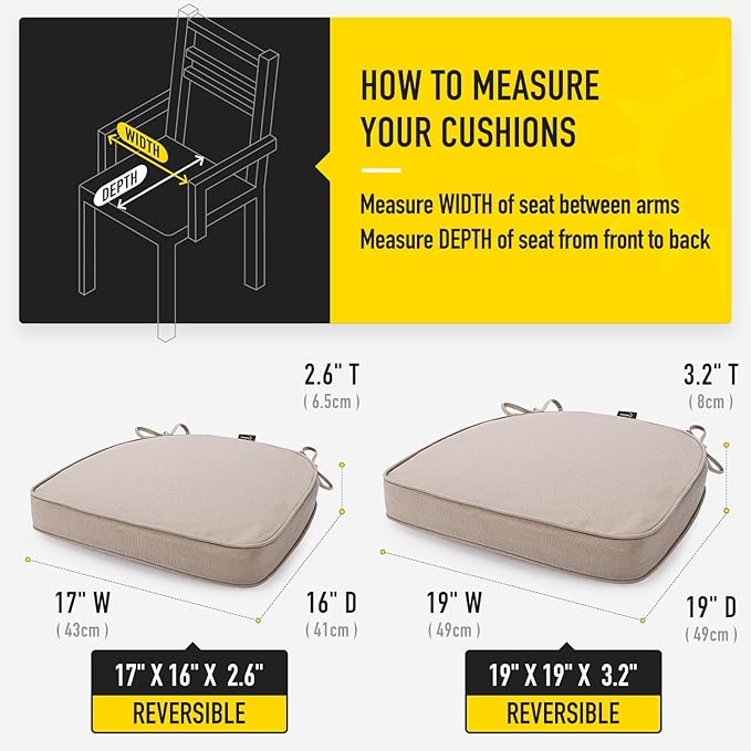 SUNROX Gel Memory Foam Chair Cushions, FadeShield Water-, Stain-Resistant Durable Reversible Seat Cushion Pads with Ties for Indoor/Outdoor Kitchen Dining Office, 19"x19", Set of 2, Husk Birch