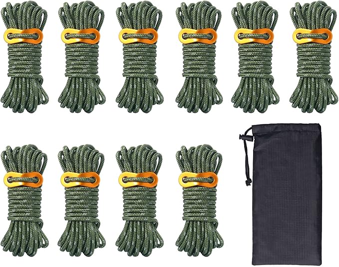 Hikeman 10 Pack 4mm Camping Rope Reflective Outdoor Guy Lines with Aluminum Guyline Adjuster Tensioners Nylon Tent Tie Downs for Hiking Backpacking Tarp,Canopy Shelter (Army Green)