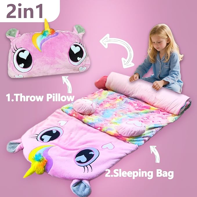 Kids Sleeping Bag, Large Unicorn Slumber Bag for Girls Boys, Portable Toddler Nap Mat, Preschool Daycare Kindergarten Birthday Gift 3-12 Yr Child, Pink