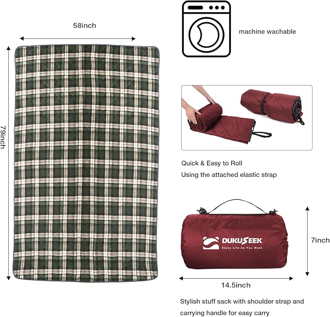 DUKUSEEK Waterproof Camping Blanket with Super Thick Fleece Lining, Large Outdoor Blanket Windproof with Foldable Hood for Camping Stadium Sporting Events,79"x 58"