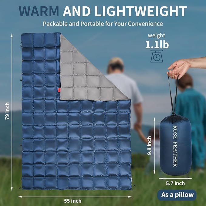 Down Camping Blanket, Muti-Use Outdoor Travel Blanket, Puffy Sleeping Bag Blanket, Waterproof Packable Backpacking Quilt for Camping, Travel, Airplane, Hiking, Picnic, 55''x79''