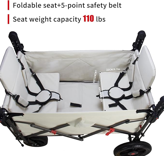 TMZ Foldable Wagon with Canopy, Collapsible Folding Wagon with Adjustable Handle Bar, Multi Functional Cart with Expansion Accessories, Front Expandable Transport Camping Wagon(Beige)