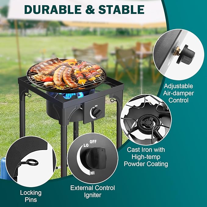 Single Burner Propane Stove, 75,000 BTU/hr, High Pressure Outdoor Propane Burner with 0-20 PSI Regulator and 4ft Hose, Gas Stove for Patio Backyard Camping with Detachable Stand Legs