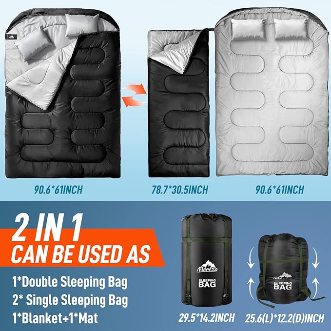 MEREZA Double Sleeping Bag for Adults Mens with Pillow, XL Queen Size Two Person Sleeping Bag for All Season Camping Hiking Backpacking 2 Person Sleeping Bags for Cold Weather & Warm
