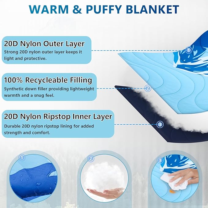 Outdoor Camping Blanket, Packable Down Alternative Puffy Printed Camp Blankets Ultra Warm Lightweight Hammock Top Quilt Waterproof Blanket for Travel Picnic Stadium Hiking Party Cold Weather 55"x78.8"