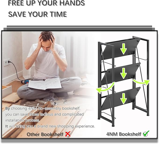 4NM No-Assembly Folding Bookshelf Storage Shelves 3 Tiers Vintage Bookcase Standing Racks Study Organizer Home Office (All Black)