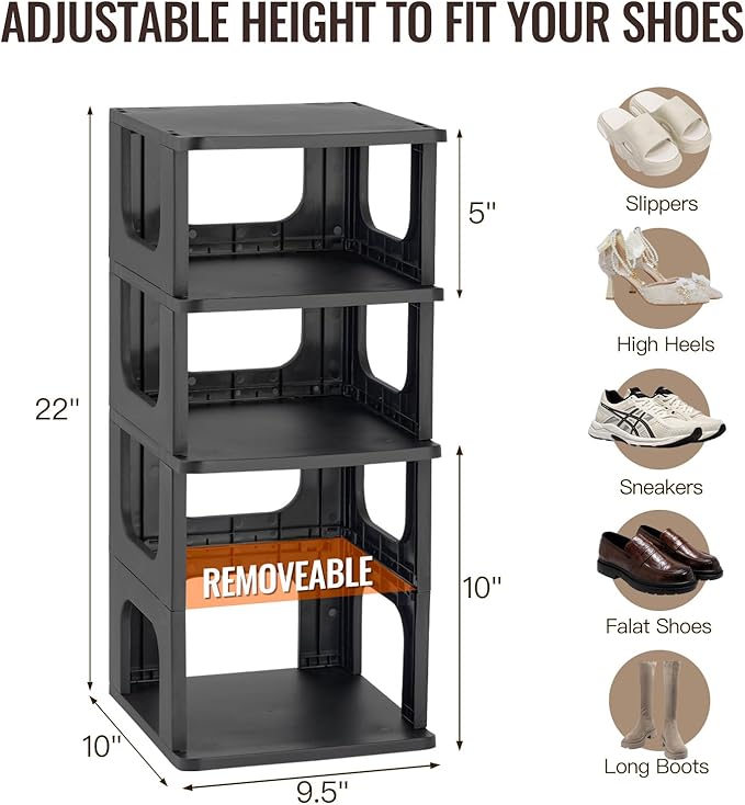 TRZZ 5-Tier Small Shoe Rack, Vertical Narrow Stackable Organizer with Removable Partition, Efficient Shoe Storage for Closet, Entryway, and Small Spaces (Black)
