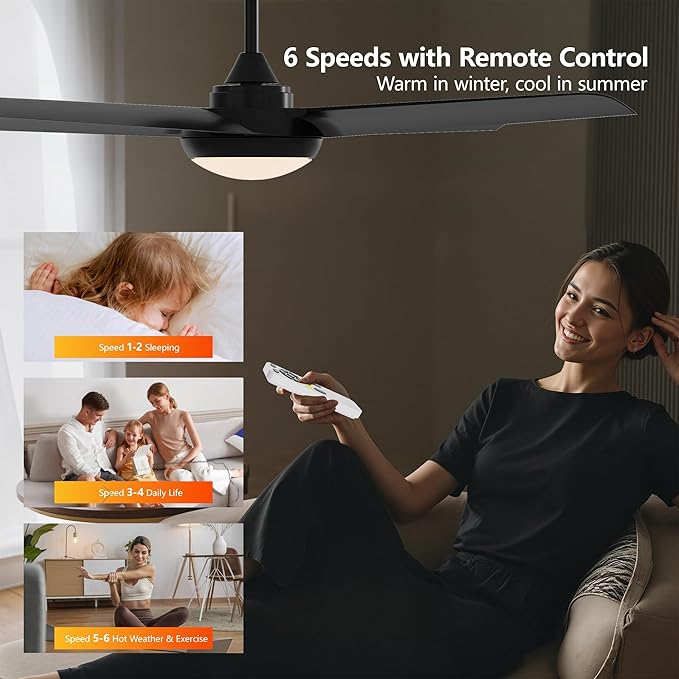 52 Inch Ceiling Fan with Light and Remote, 4 Blades, Quiet DC Motor, Reversible Fan with Dimmable LED Light, for Bedroom Living Room, Black