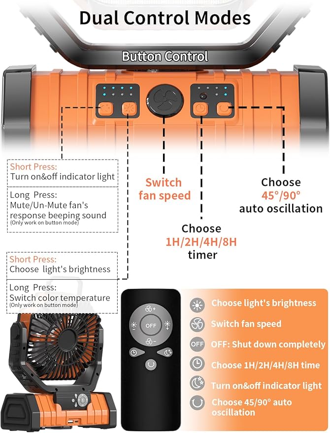 Battery Operated Fan Portable Battery Powered Camping Tent Fan with LED Lantern Light 20000mAh Rechargeable, Oscillating, 360° Rotating Hanging Hook, Cordless for Desk, Travel(Orange)
