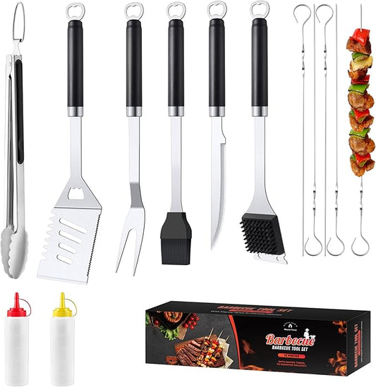 BBQ Accessories Grill Tools Set, Stainless Steel Grill Tools with 2 Squeeze Bottles, BBQ Grill Accessories Grilling Gift for Men & Women, Portable Grill Tools Utensils Kit for Camping, Kitchen